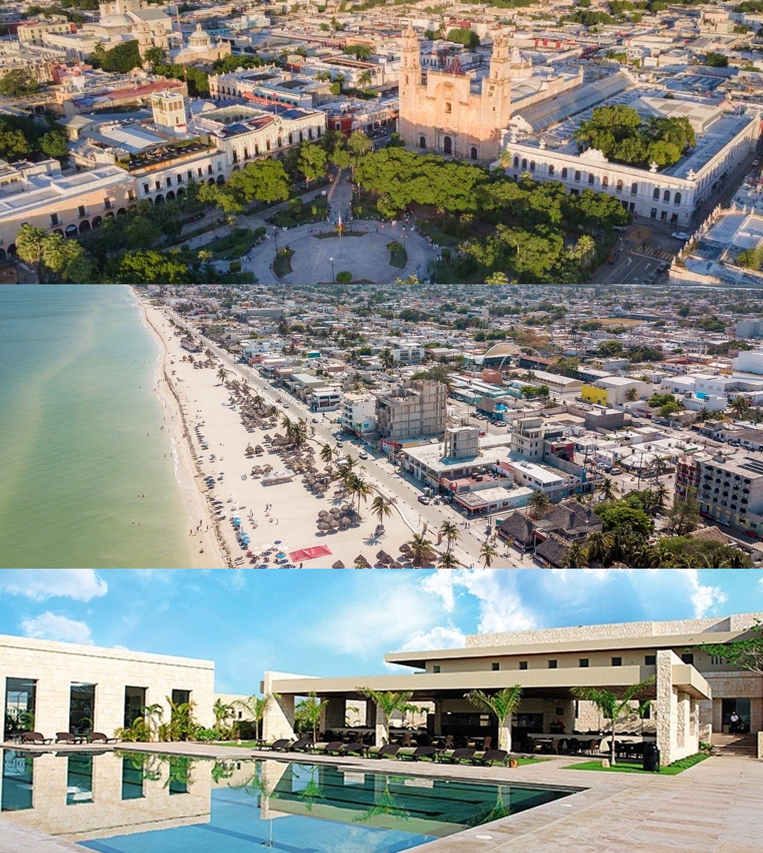 Collage con el centro de Mérida, la costa de Progreso y una propiedad con alberca